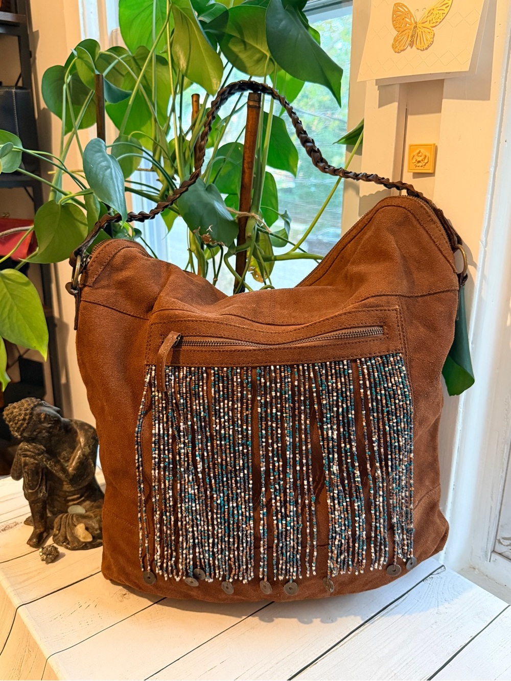 Free People | Brown Suede Beaded Fringe Hobo Shoulder Bag